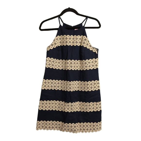 Lilly Pulitzer Annabelle Shift Dress Navy Blue Gold Trim Halter Neck Mini 4 - Picture 1 of 10